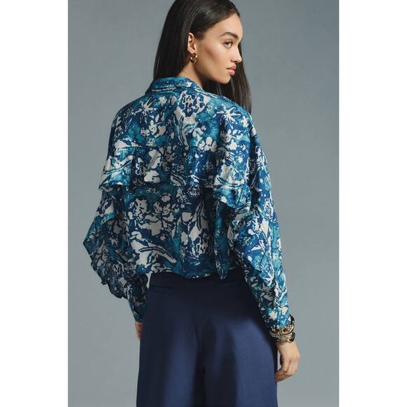 Pilcro Batik Cropped Ruffle Blue & White Loose Fit Batwing Blouse Top Size Small - Picture 2 of 11